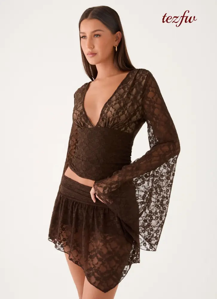 Avelora Lace Top - Chocolate - Long Sleeve Tops