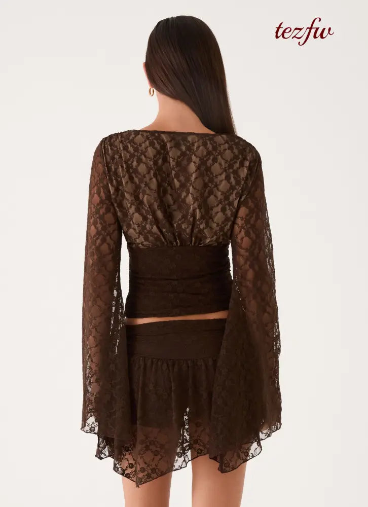 Avelora Lace Top - Chocolate - Long Sleeve Tops