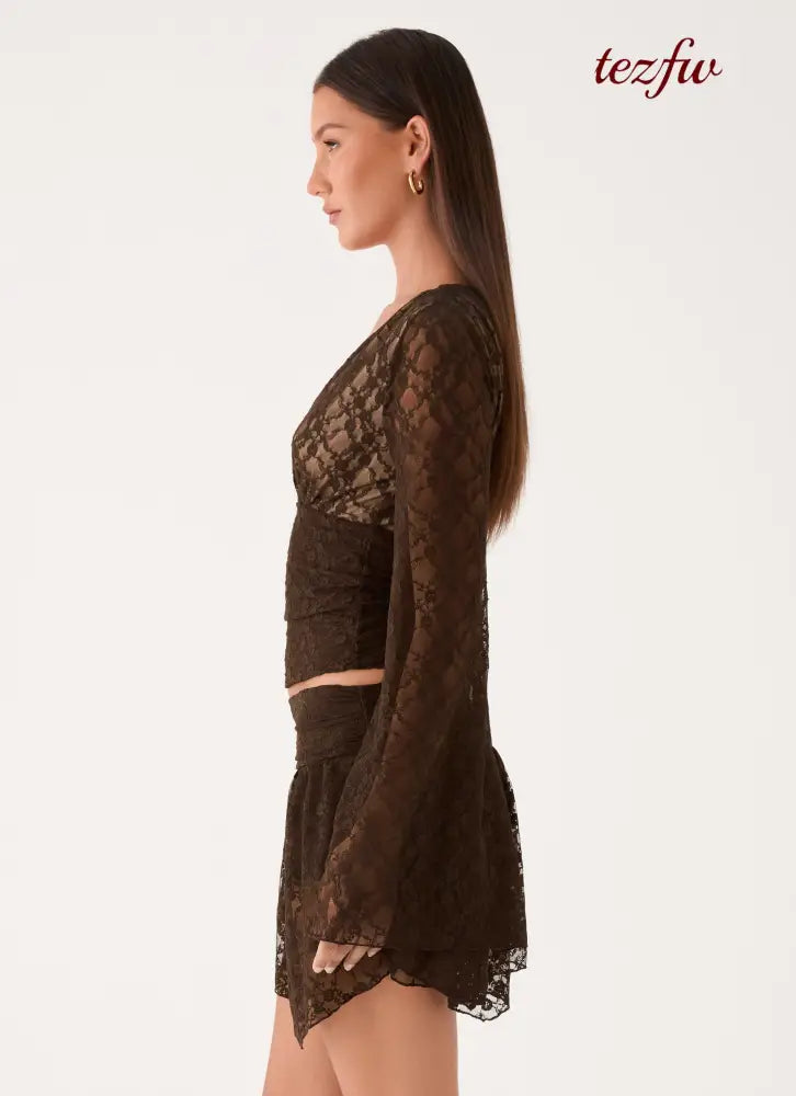Avelora Lace Top - Chocolate - Long Sleeve Tops