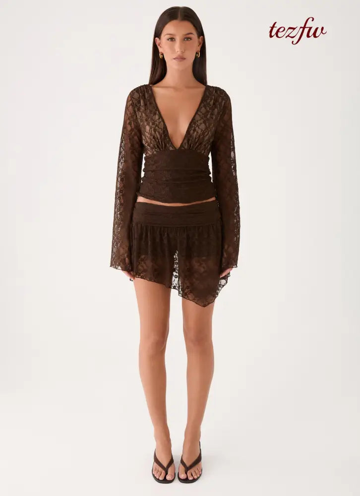 Avelora Lace Top - Chocolate - Long Sleeve Tops