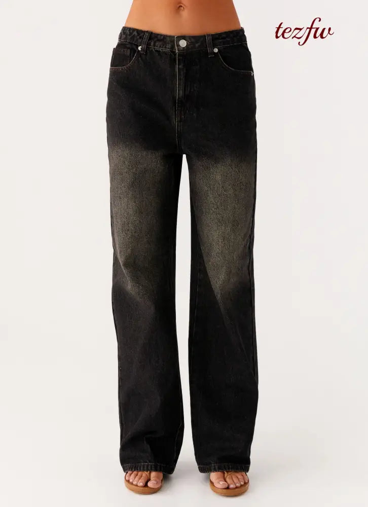 Back Again Straight Leg Denim Jeans - Acid Charcoal - Jeans