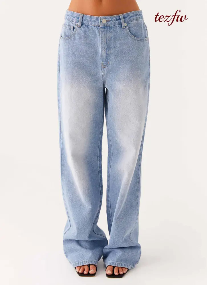 Back Again Straight Leg Denim Jeans - Light Wash Blue - Jeans