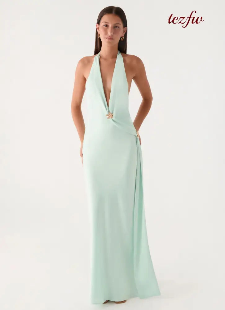 Eleni Halter Maxi Dress - Pistachio - Maxi Dresses