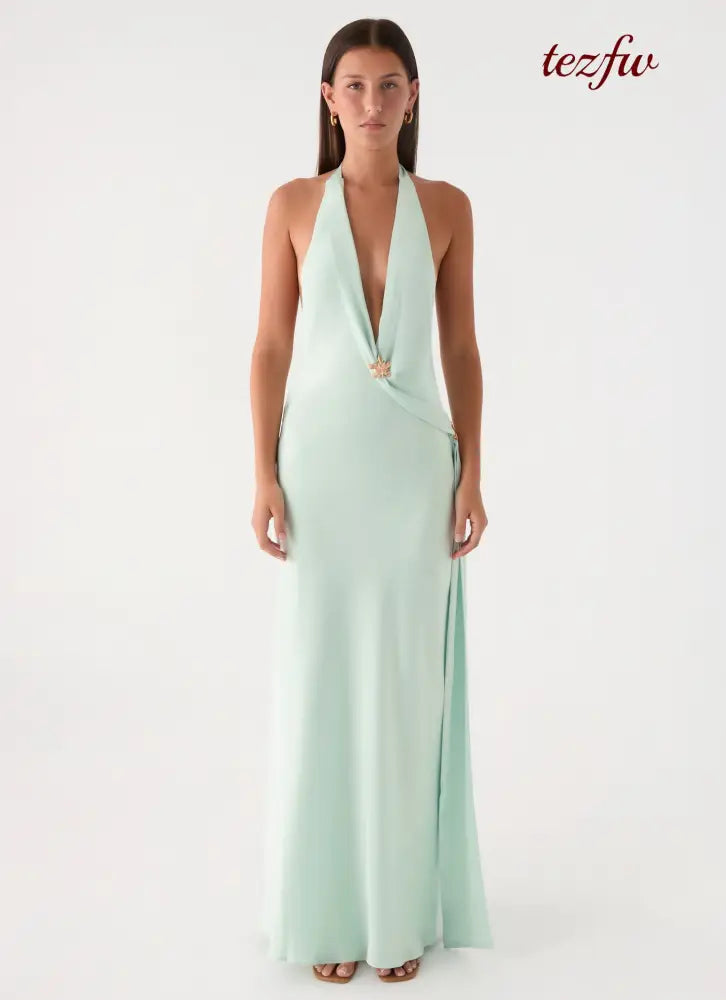 Eleni Halter Maxi Dress - Pistachio - Maxi Dresses
