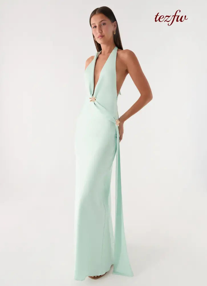 Eleni Halter Maxi Dress - Pistachio - Maxi Dresses