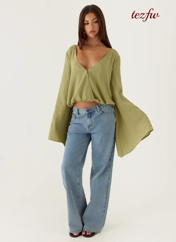 Orelia Long Sleeve Top - Green Olive - Long Sleeve Tops