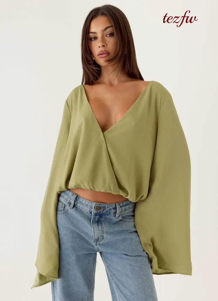 Orelia Long Sleeve Top - Green Olive - Long Sleeve Tops