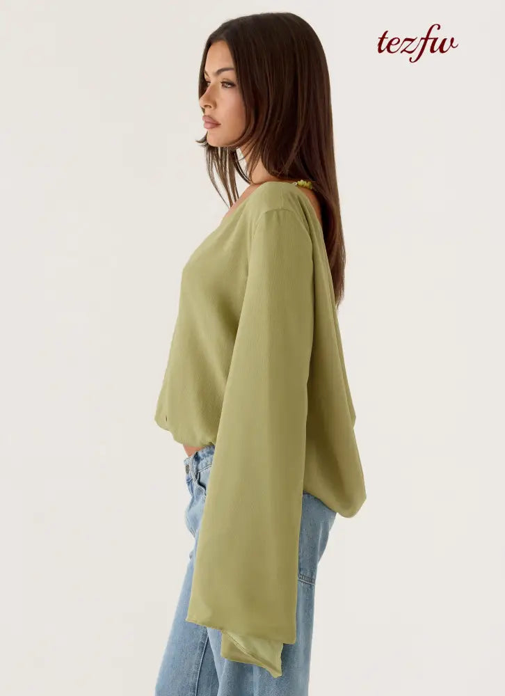 Orelia Long Sleeve Top - Green Olive - Long Sleeve Tops