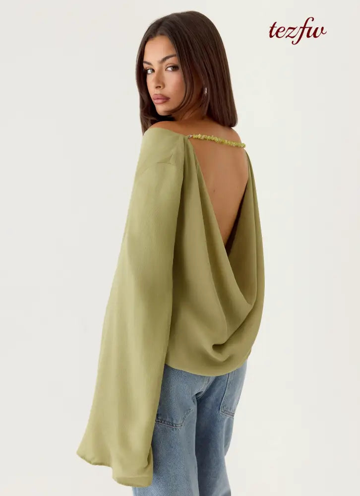 Orelia Long Sleeve Top - Green Olive - Long Sleeve Tops