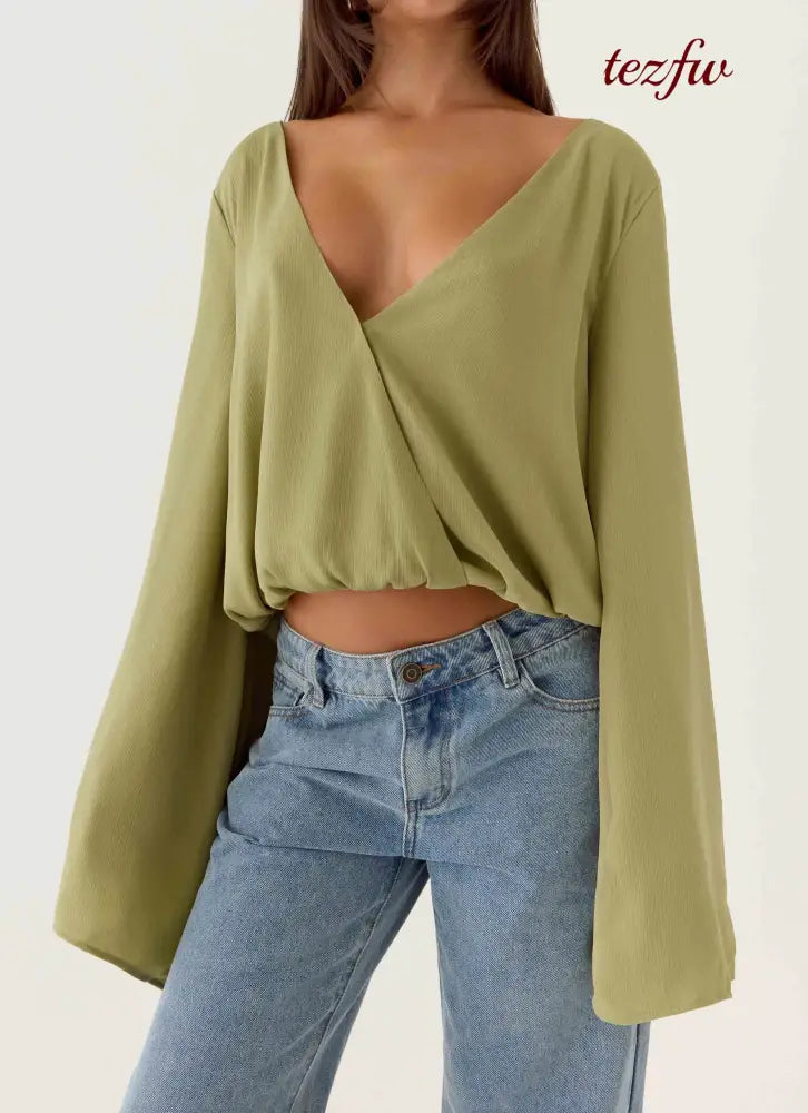 Orelia Long Sleeve Top - Green Olive - Long Sleeve Tops