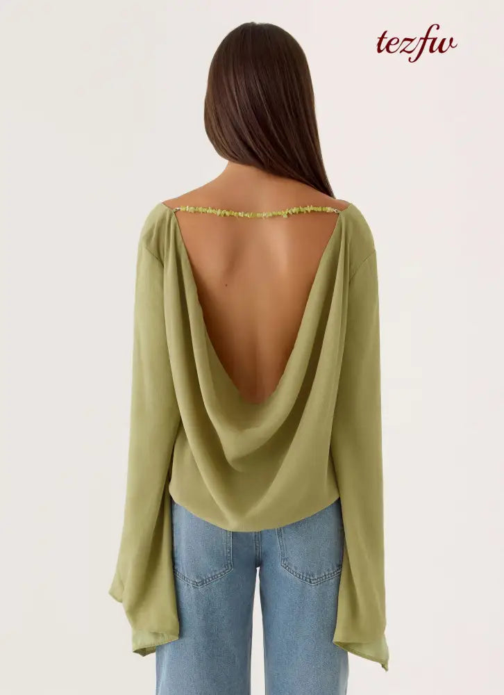 Orelia Long Sleeve Top - Green Olive - Long Sleeve Tops