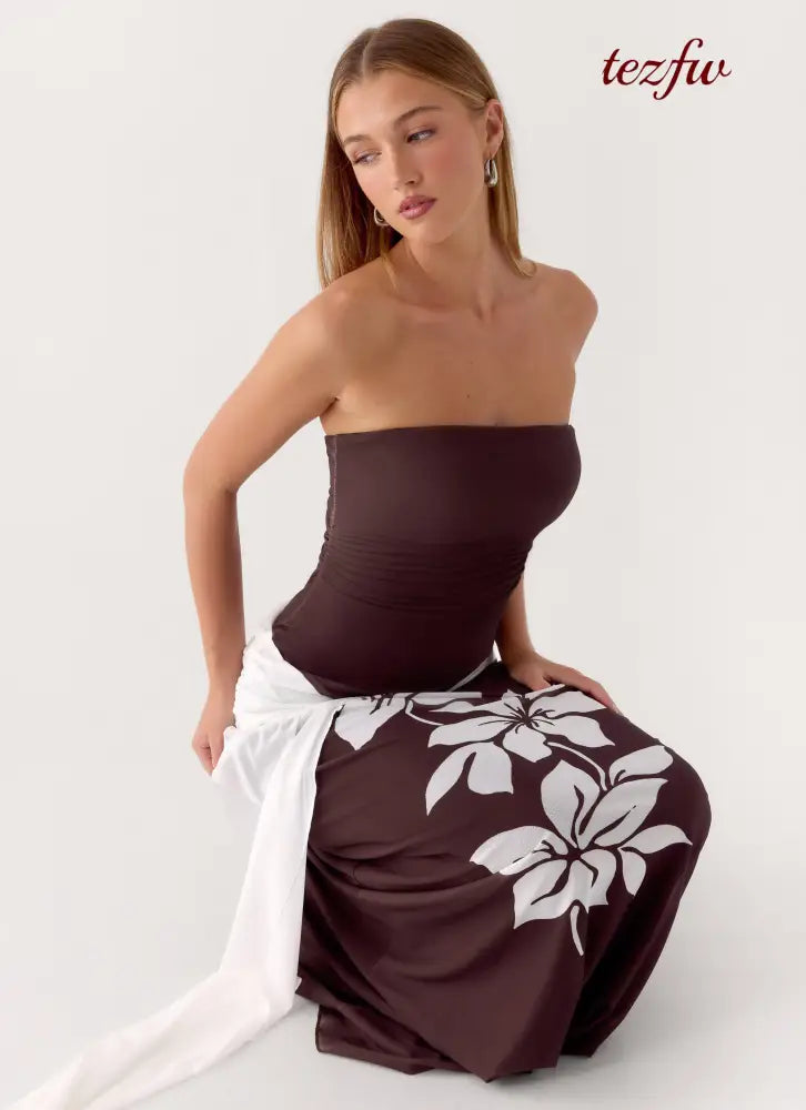 Palomar Strapless Maxi Dress - Chocolate Tropic Floral - Maxi Dresses