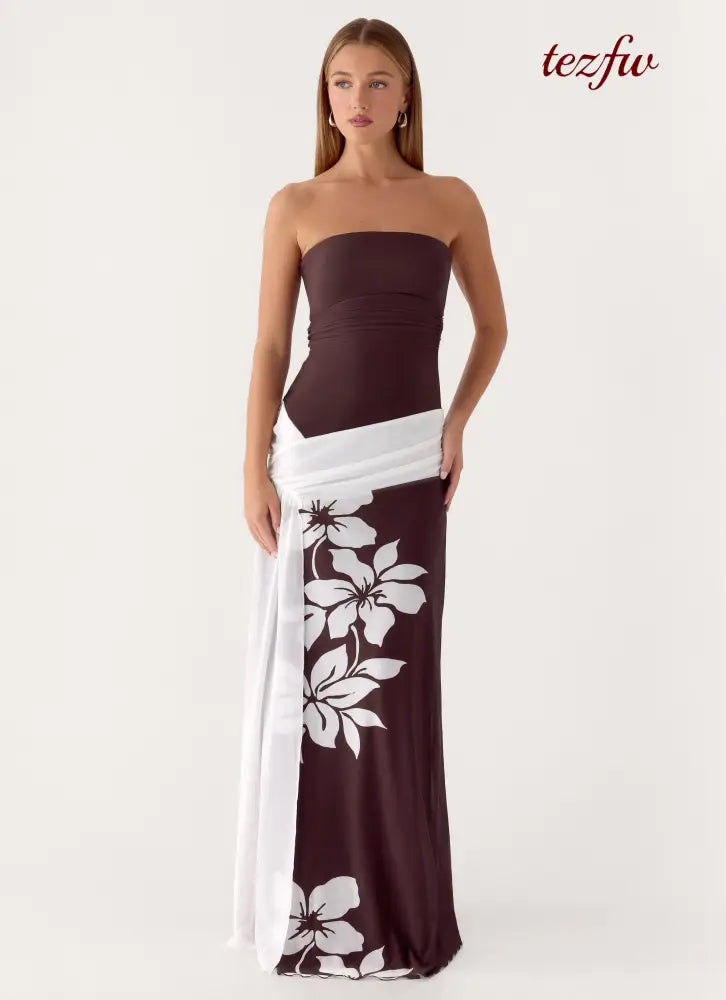 Palomar Strapless Maxi Dress - Chocolate Tropic Floral - Maxi Dresses