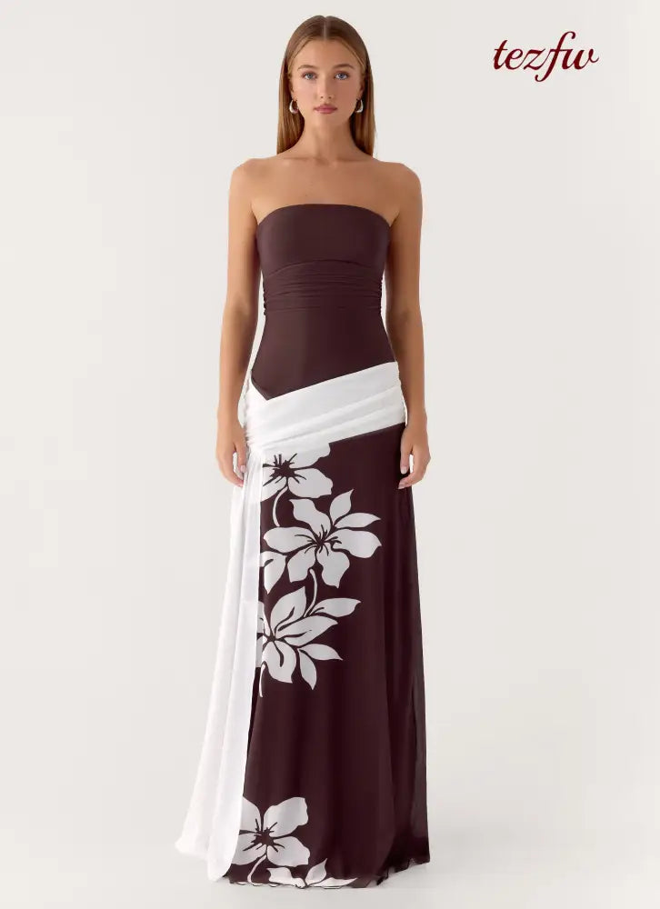 Palomar Strapless Maxi Dress - Chocolate Tropic Floral - Maxi Dresses