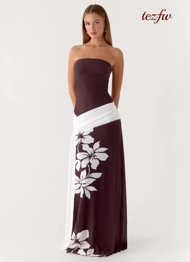 Palomar Strapless Maxi Dress - Chocolate Tropic Floral - Maxi Dresses