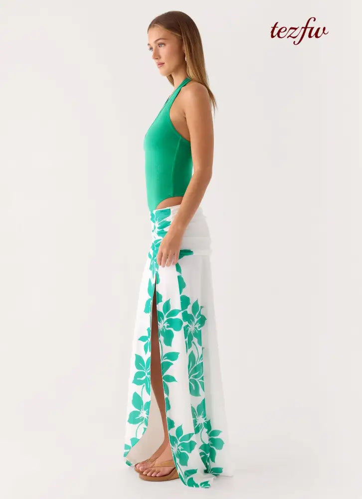 Sarinda Maxi Dress - Green White Tropic Floral Print - Maxi Dresses
