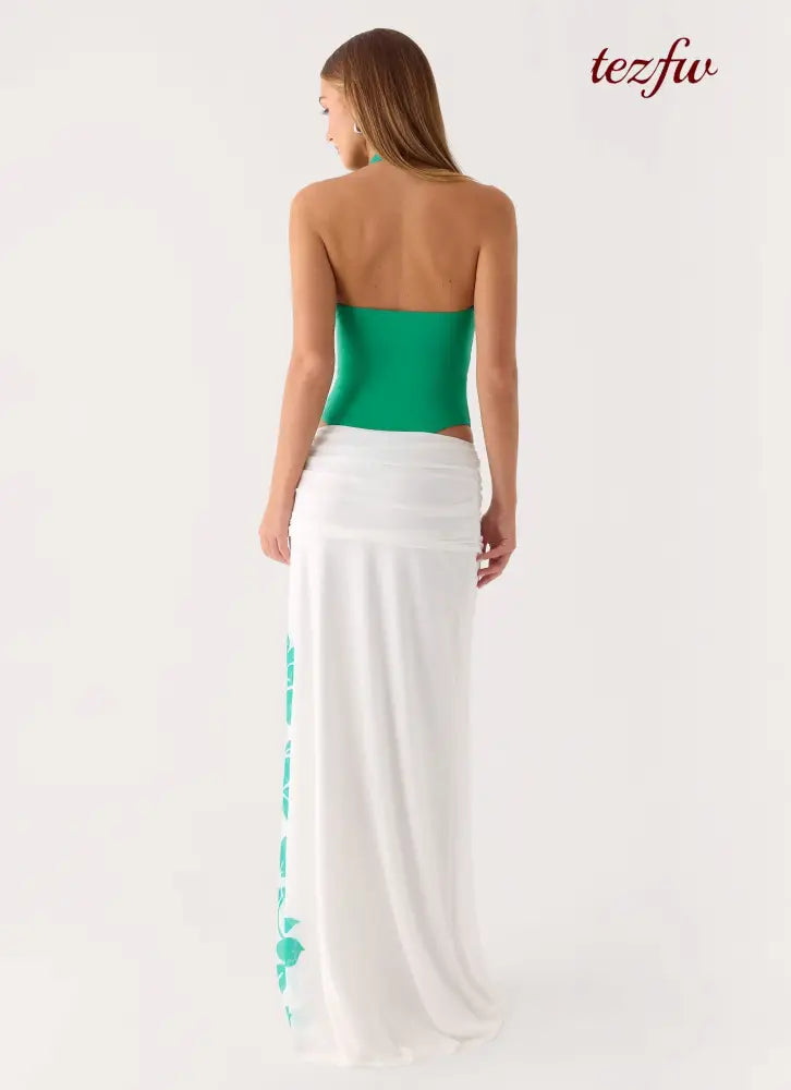 Sarinda Maxi Dress - Green White Tropic Floral Print - Maxi Dresses