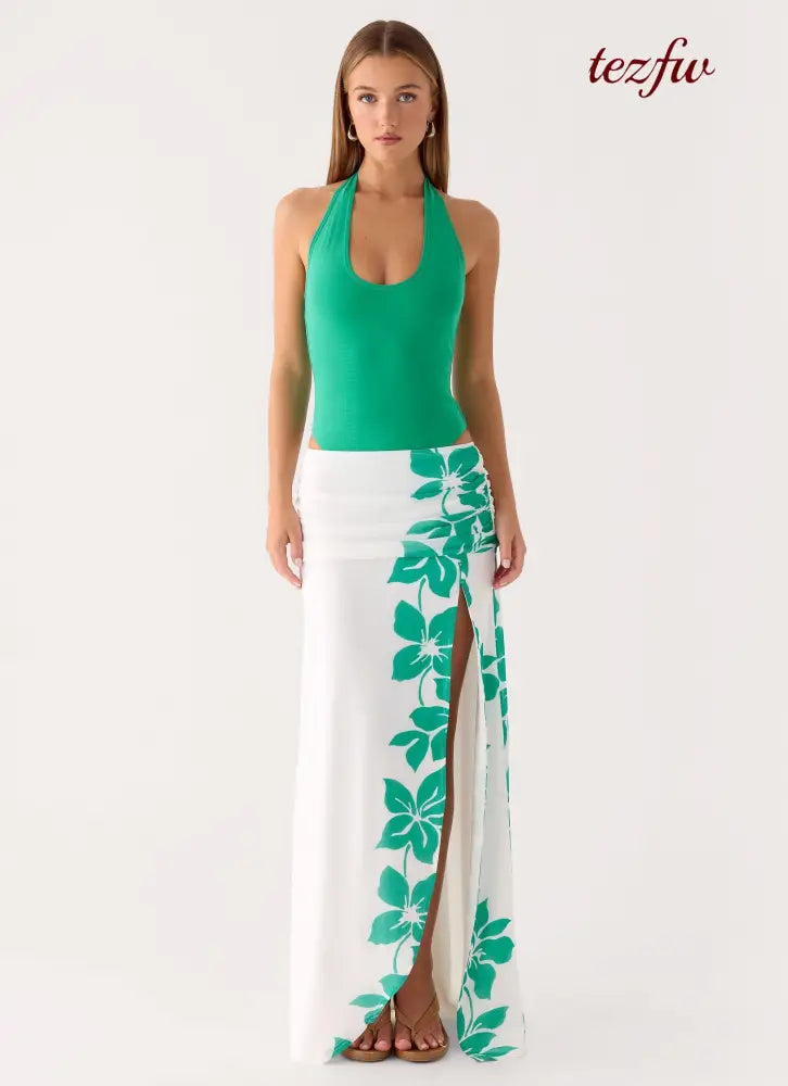 Sarinda Maxi Dress - Green White Tropic Floral Print - Maxi Dresses