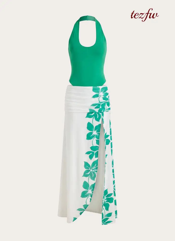 Sarinda Maxi Dress - Green White Tropic Floral Print - Maxi Dresses