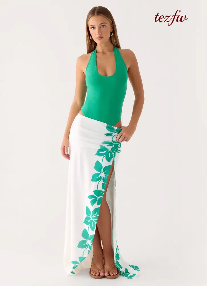 Sarinda Maxi Dress - Green White Tropic Floral Print - Maxi Dresses