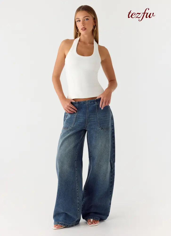 Seethal Low Rise Washed Denim Jeans - Mid Wash Blue - Jeans