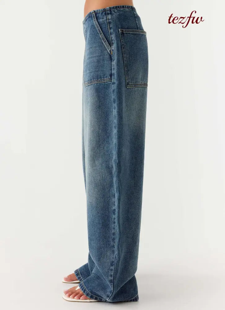 Seethal Low Rise Washed Denim Jeans - Mid Wash Blue - Jeans