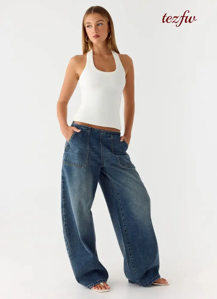 Seethal Low Rise Washed Denim Jeans - Mid Wash Blue - Jeans