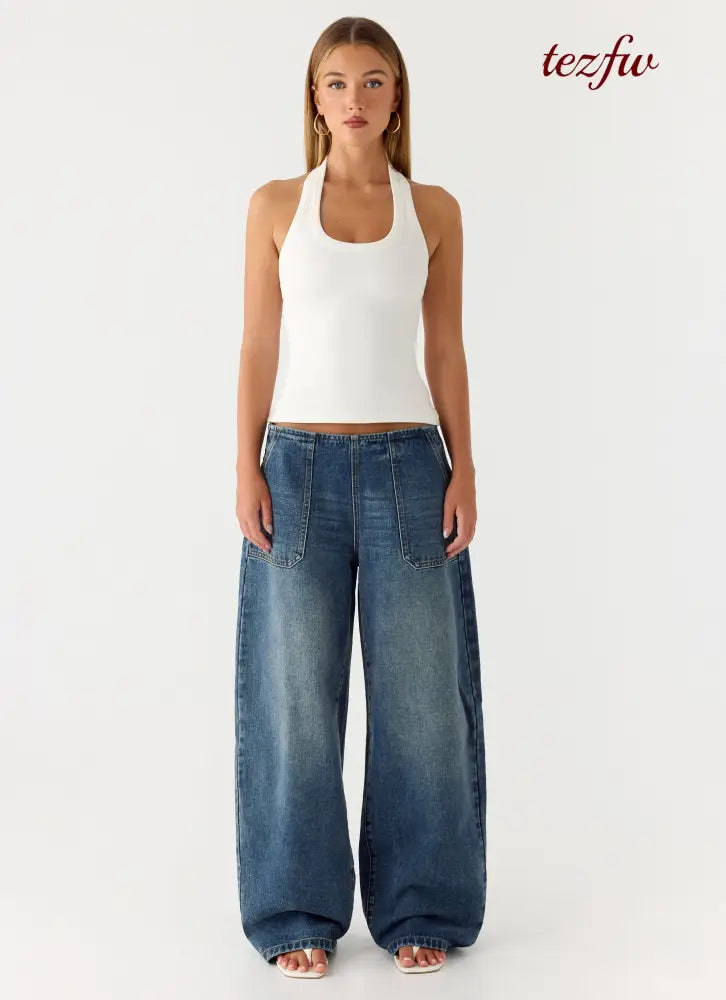 Seethal Low Rise Washed Denim Jeans - Mid Wash Blue - Jeans