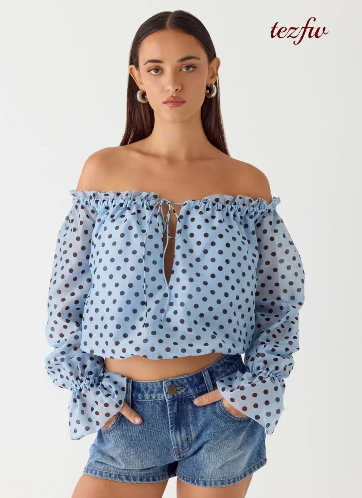 Tedara Top - Blue Mocha Dot - Long Sleeve Tops