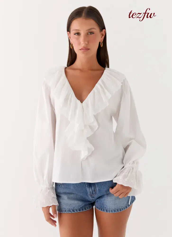 Verrin Cotton Blouse - White - Long Sleeve Tops