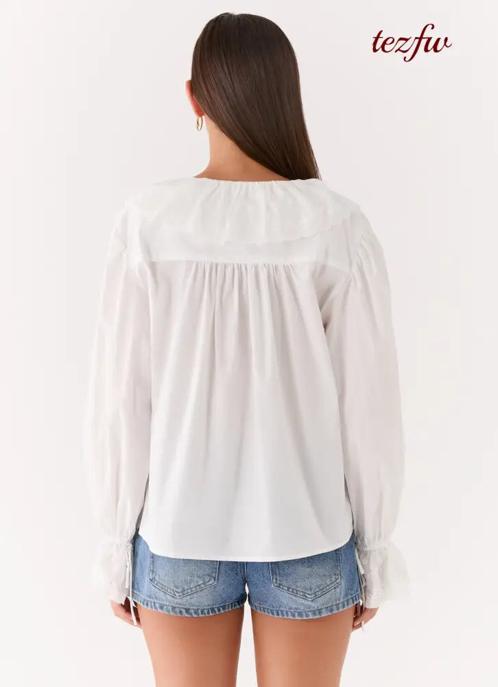 Verrin Cotton Blouse - White - Long Sleeve Tops
