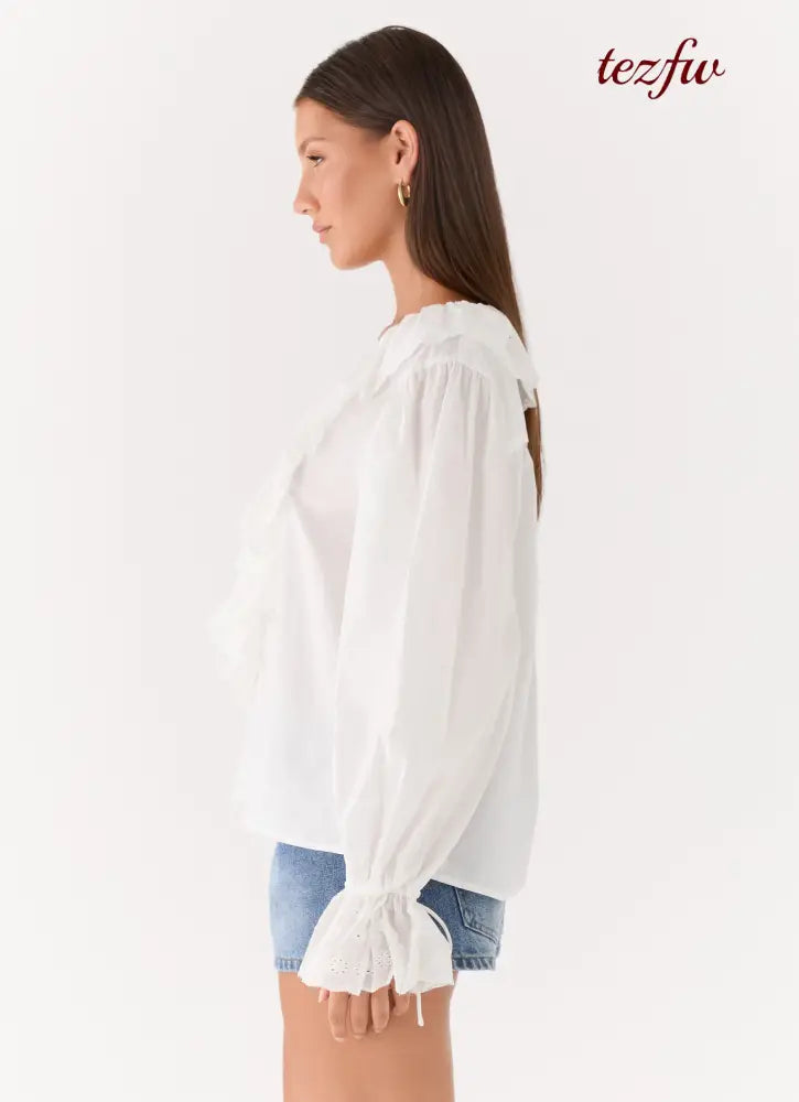 Verrin Cotton Blouse - White - Long Sleeve Tops