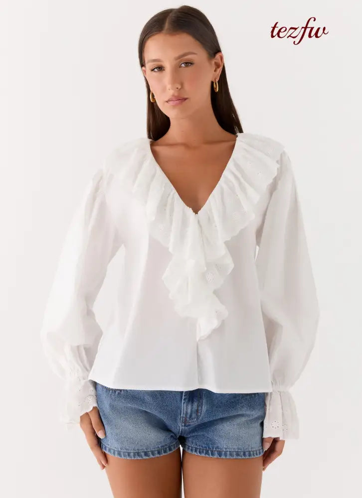 Verrin Cotton Blouse - White - Long Sleeve Tops