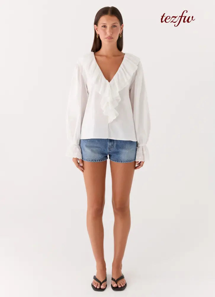 Verrin Cotton Blouse - White - Long Sleeve Tops