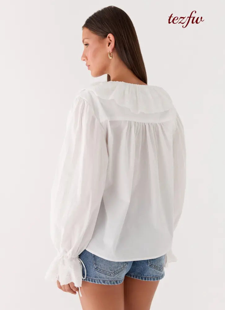 Verrin Cotton Blouse - White - Long Sleeve Tops